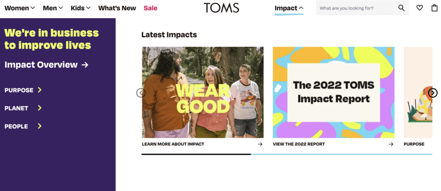 TOMS TOMS website featuring a carousel of image blocks for different content on TOMS latest impacts, such as TOMS Impact Report