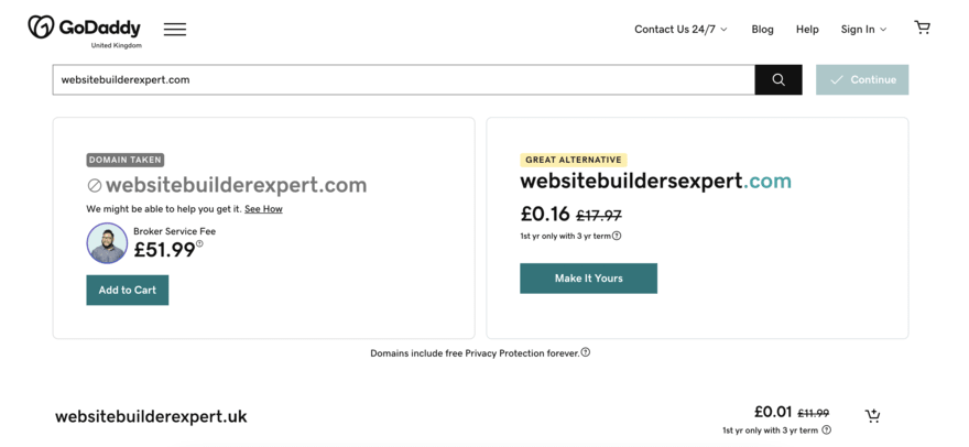 GoDaddy domain registrar GoDaddy page showing alternative options for a domain name request already in use.