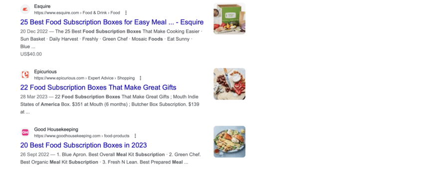 Organic SEO search results Organic SEO search results page for food subscription services