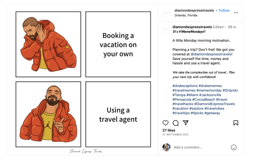 Diamond Express Travels meme marketing Instagram post