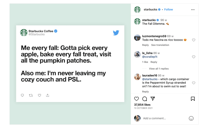 Starbucks meme marketing on Instagram.