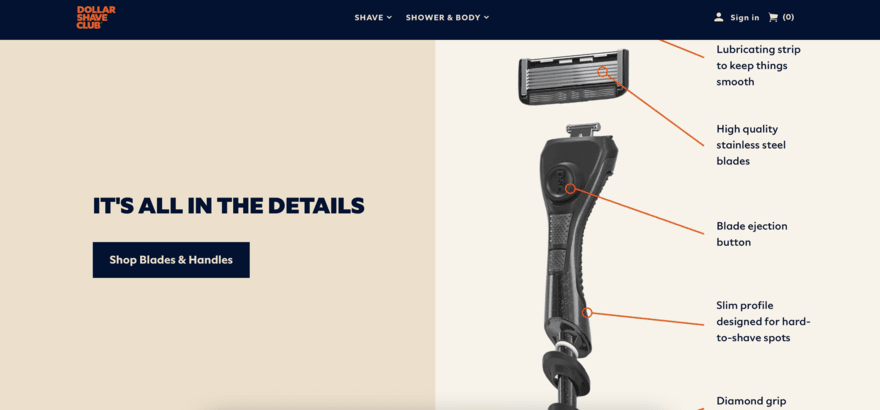 Dollar Shave Club CTA example Dollar Shave Club homepage showing a razor and a CTA box
