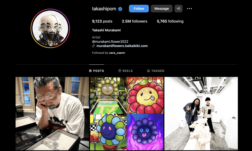 Takashi Murakami An Instagram profile with colorful artwork, a profile photo of the artist, and stats showing millions of followers.
