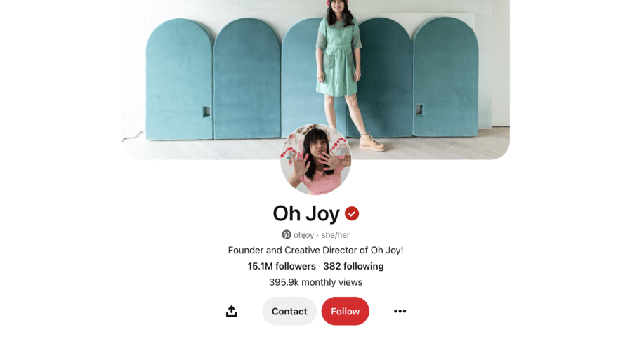 Joy Cho Pinterest profile 'Oh Joy', founder's image in front of teal arches, 15.1M followers.