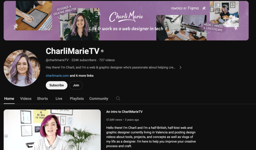 Screenshot 2023-11-19 at 15.59.53 CharliMarieTV YouTube channel header showcasing the life and work of a web designer