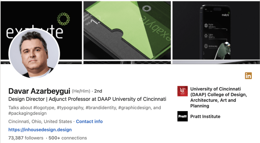 Davar Azarbegui LinkedIn profile of Davar Azarbegui, Design Director and Adjunct Professor, with branding examples.