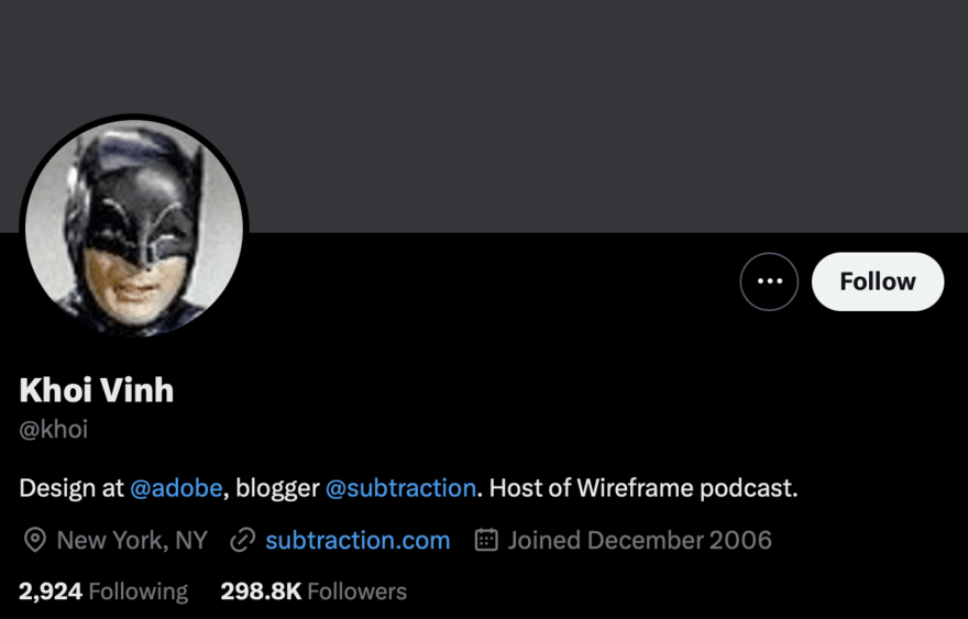 Khoi Vinh Twitter profile of Khoi Vinh, a designer at Adobe and blogger, with a Batman profile picture.