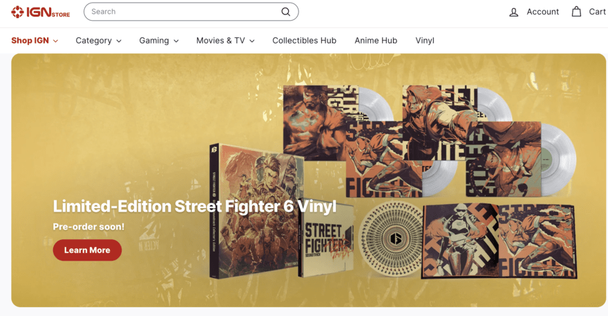 IGN Store Advertisement for pre-ordering the limited-edition Street Fighter 6 vinyl, featuring artwork and vinyl records, on IGN's online store with a "Learn More" button.