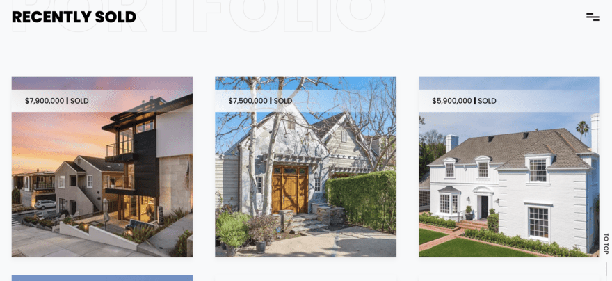 JT2 A real estate website's portfolio section showcasing three recently sold properties, each with its selling price listed, against a clean and stylish backdrop.