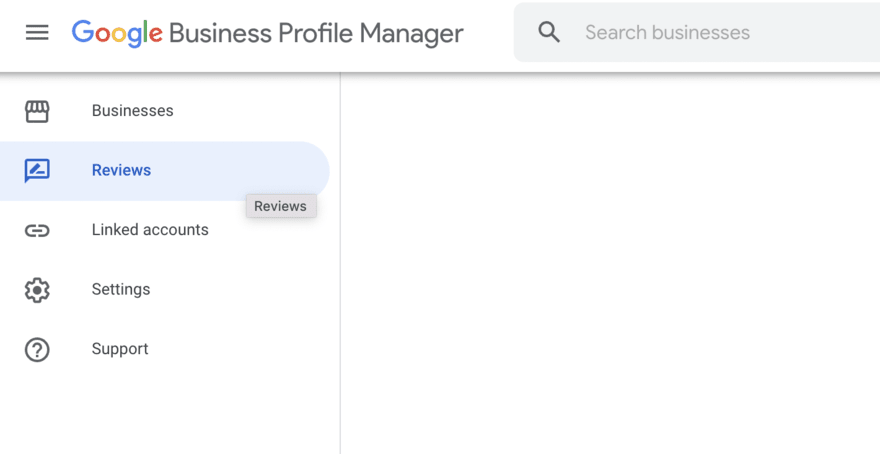 Google Business Dashboard Google Business dashboard showing the reviews tab on the left hand side of the page.