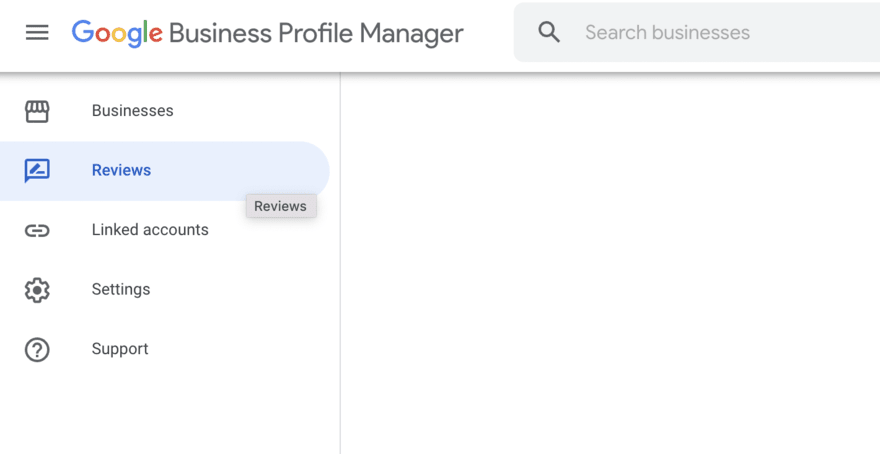 Google Business dashboard showing the reviews tab on the left hand side of the page.