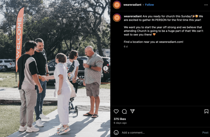 Church social media Photo of people greeting each other outside under a 'Welcome' banner at a church gathering with a social media caption expressing excitement for in-person services.