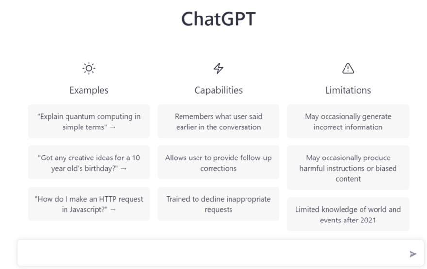 ChatGPT ChatGPT's interface showing examples and capabilities