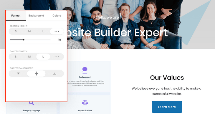 section editor Squarespace's website editor in use to make changes to a site's homepage