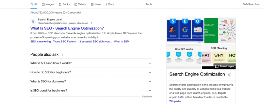 SERP for search term what is SEO on Google Google search results page for the term "what is SEO" showing a linked wbpage, FAQs, and definition
