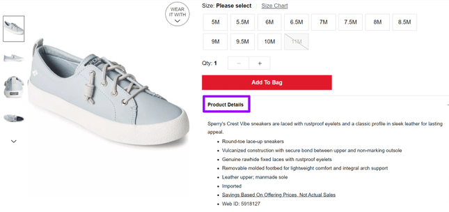 Example of shoe description from Macy’s