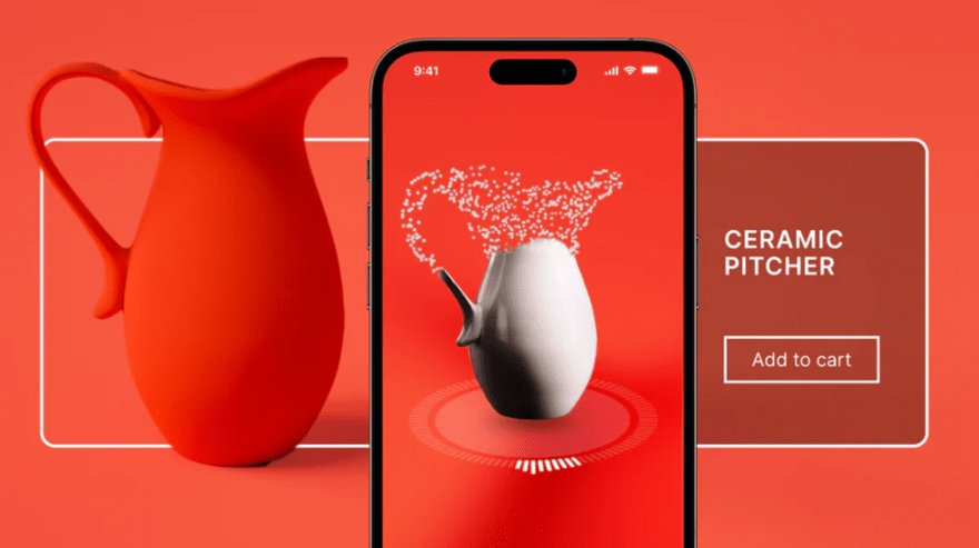 Shopify 3D scanner Red background featuring a red jug being 3D scanned by a phone