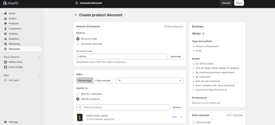 Shopify add discounts with summary on side