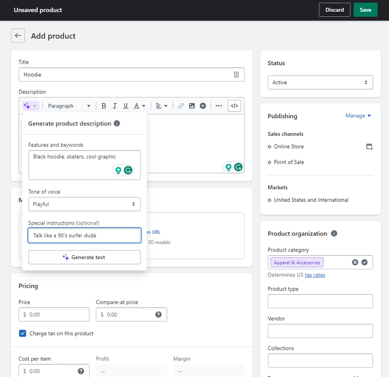 Shopify add product Shopify AI product description back end.