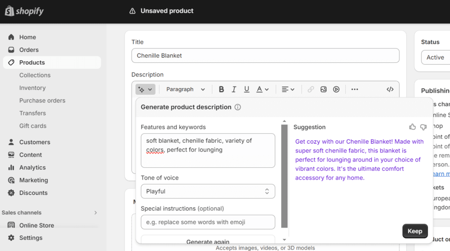 Shopify product dashboard showing settings such as product name and description