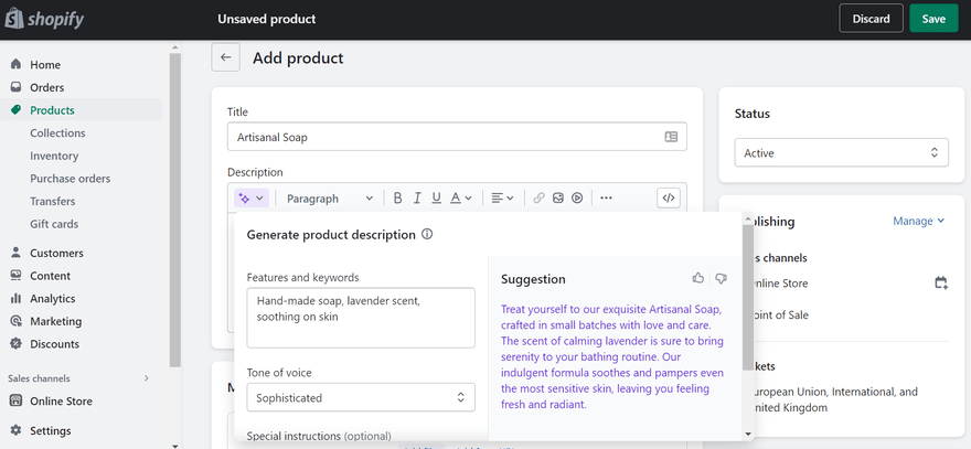 Shopify AI 2 Shopify product text box with AI generated content inside