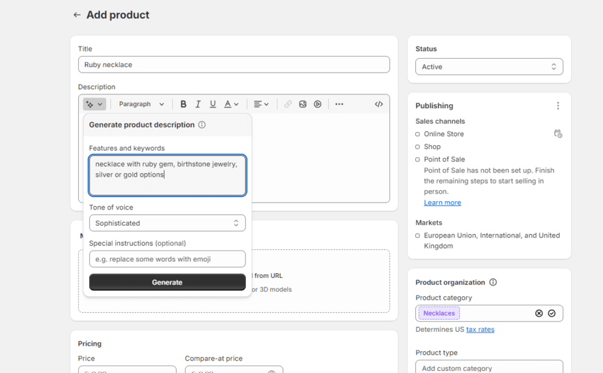 Shopify AI product description (1) Using Shopify Magic to create a product description