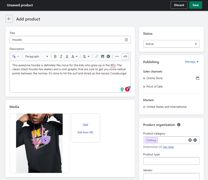 Shopify AI produtct showoff Product screen with a guy in a 90's themed hoodie