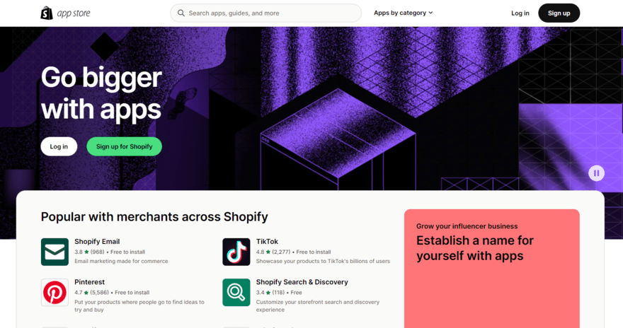 Shopify app market Shopify app market with a search bar to browse the catalog and popular apps displayed below the main header