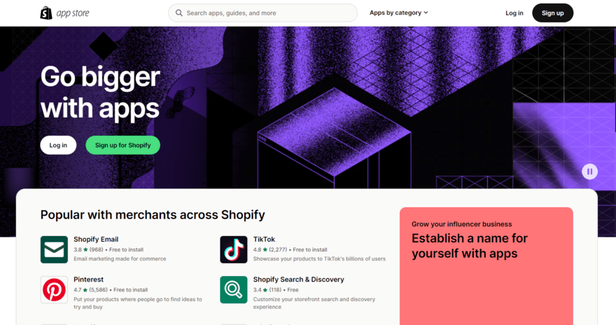 Shopify app market with a search bar to browse the catalog and popular apps displayed below the main header