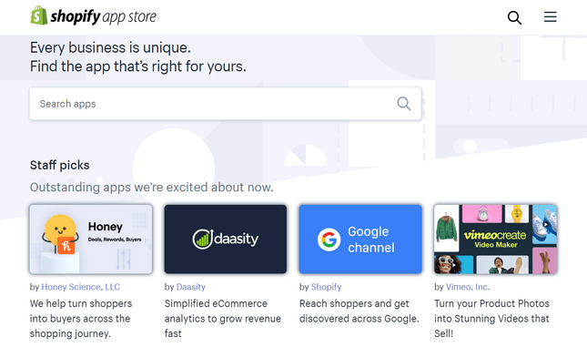 shopify app store selection of shopify apps with a search bar at the top