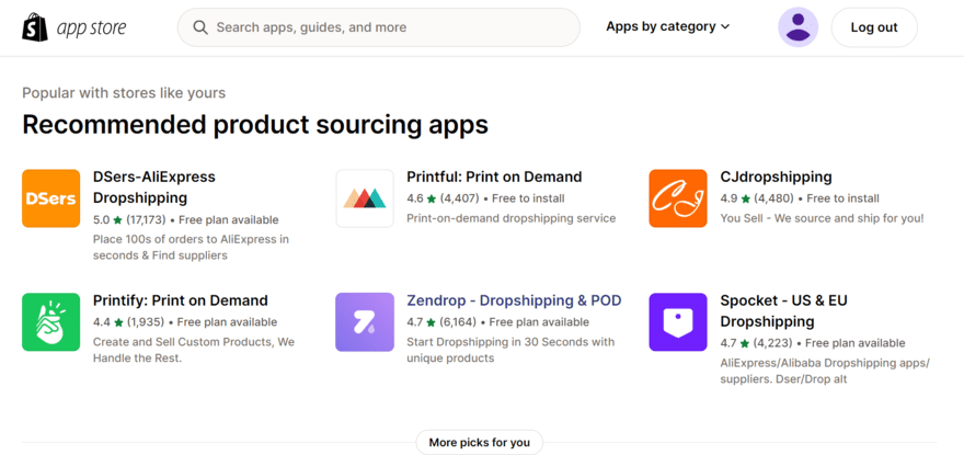 Shopify app store Shopify's app store, showing product sourcing apps