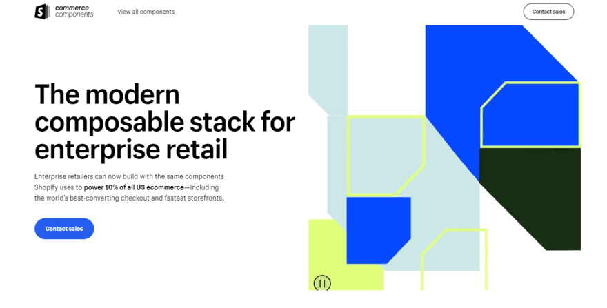 Shopify Commerce Components Homepage for Shopify's ecommerce solution, Commerce Components featuring a button to contact sales