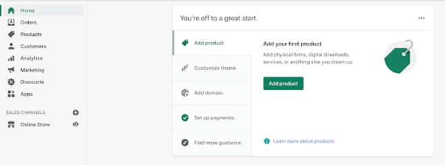 shopify user dashboard with a menu on the left and sections illustrated by green icons