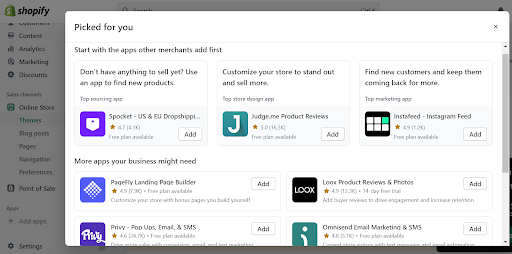shopify dashboard screenshot window with a selection of Shopify apps to download