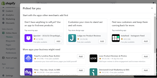 window with a selection of Shopify apps to download
