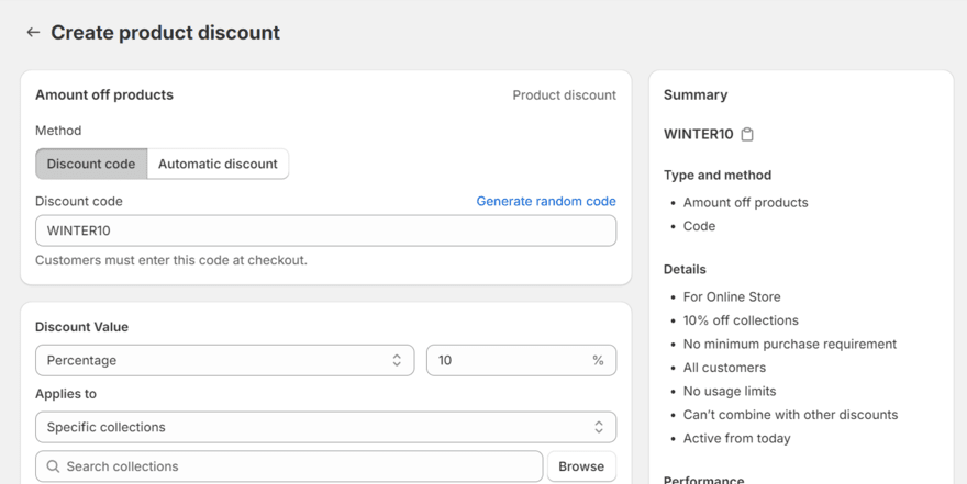 Shopify discount dashboard showing settings such as discount name, value, and rules