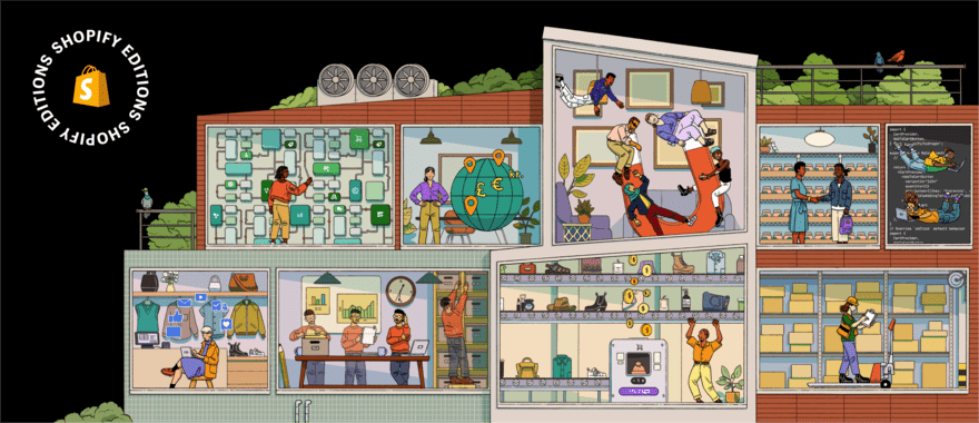 Shopify Editions_Winter 23_Hero banner (1) Graphic art of a house full of open rooms with people getting up to various activities revolving around selling online
