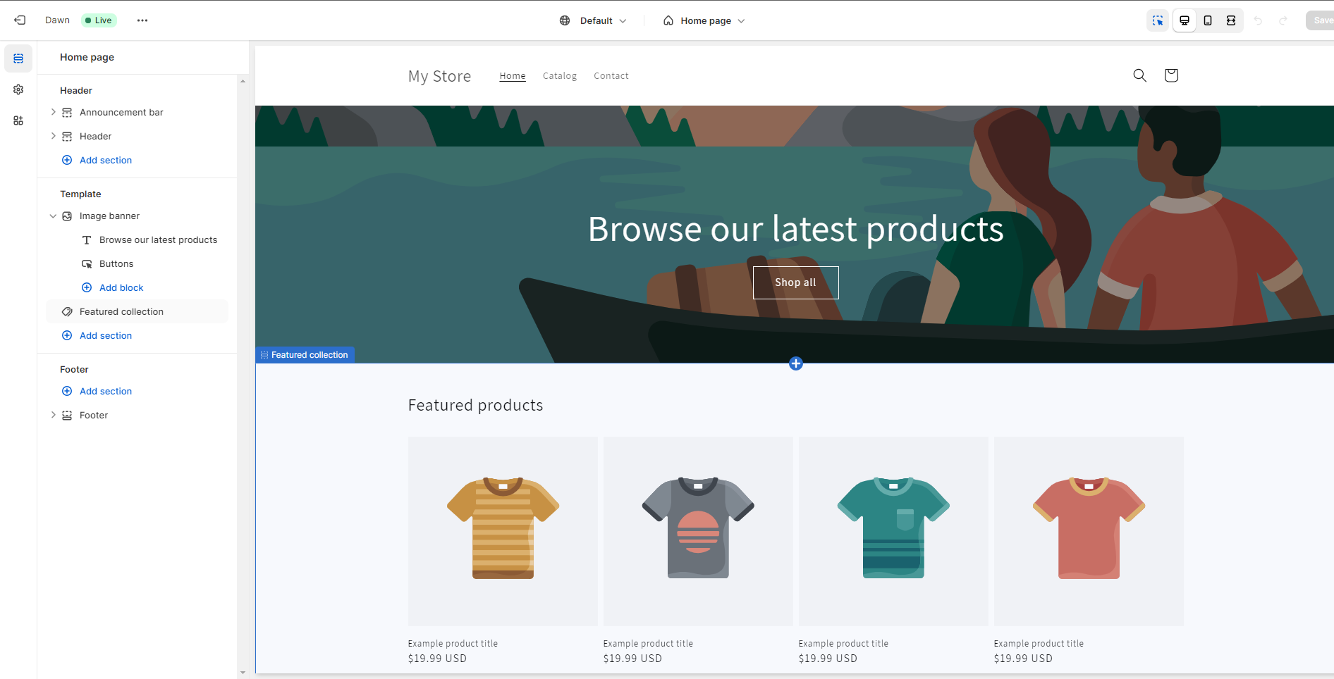 Shopify editor an online store in the editor with a banner illustration of two people by a lake with graphic t-shirts below