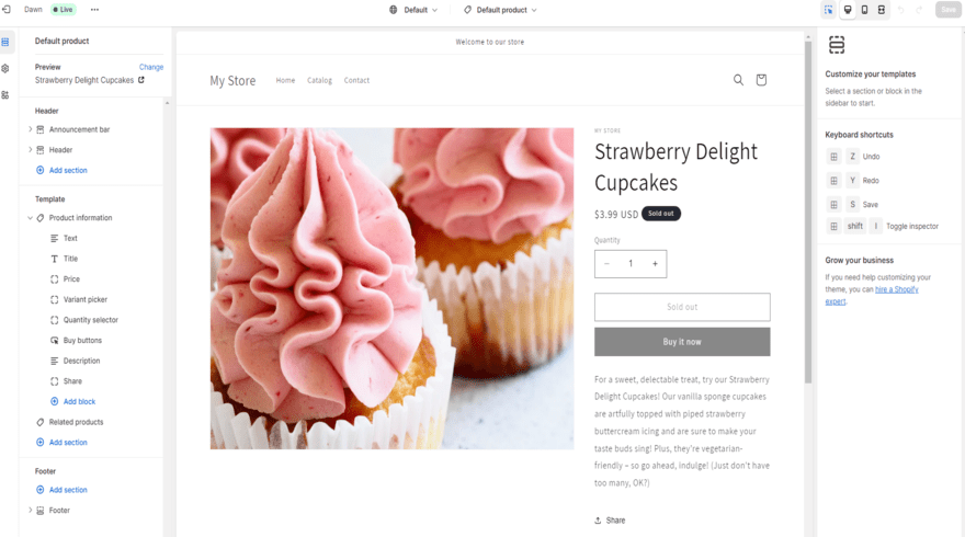 Shopify Editor Shopify product page in editor with big image of cupcakes next to a product description and price, with editing menus open on the left and right.