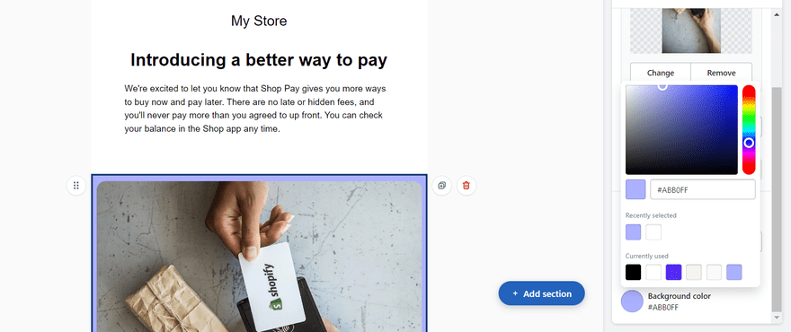 Shopify Email An email being edited in Shopify with the image being turned blue