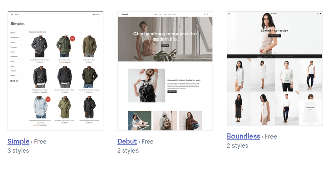 shopify free themes selection of themes from SHopify, showing variou slayouts for clothing stores from mens coats to womens casual