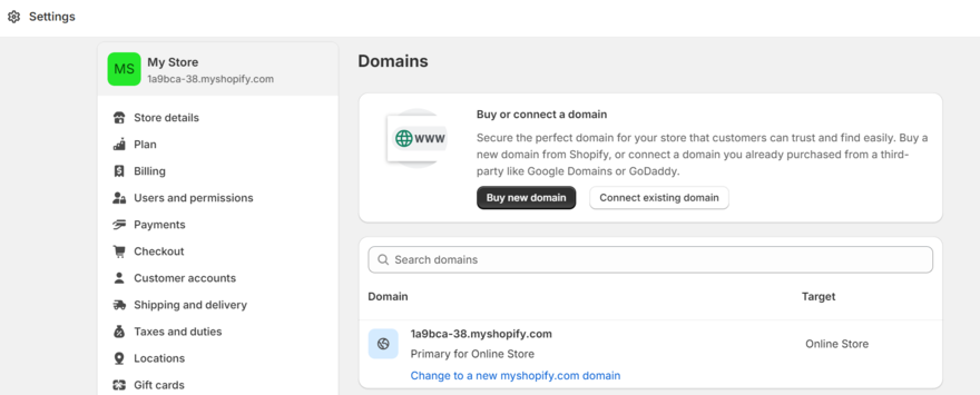 Shopify dashboard showing the domain name settings on the free trial