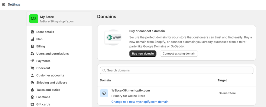 Shopify free trial domain settings Shopify dashboard showing the domain name settings on the free trial
