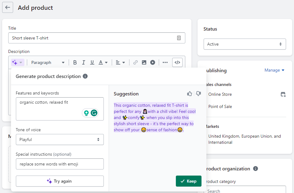Shopify generate text feature new screensot of shopify's text generation with a sub menu for putting in prompts