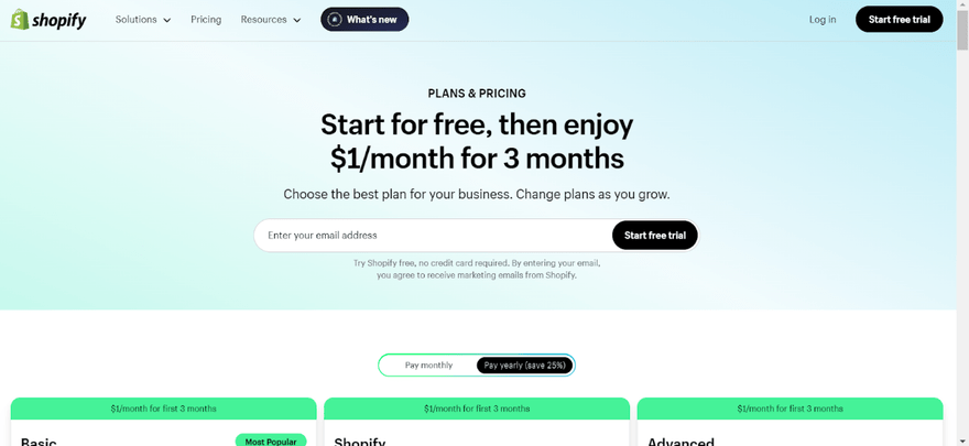 Shopify homepage showing a $1/month introductory deal