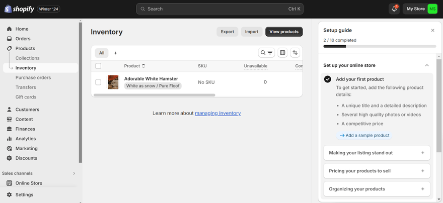 Shopify inventory adding products Shopify dashboard showing adding a product to the store inventory