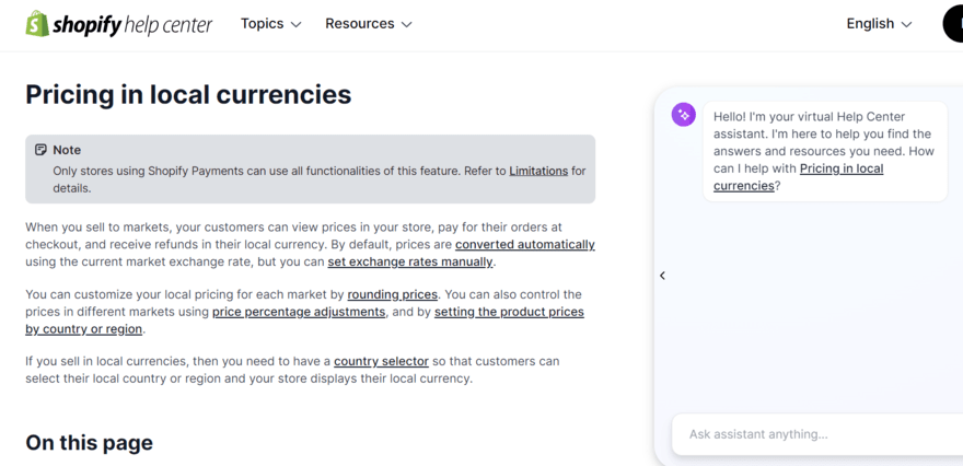 Shopify local currencies Shopify help center page showing information on pricing in local currencies
