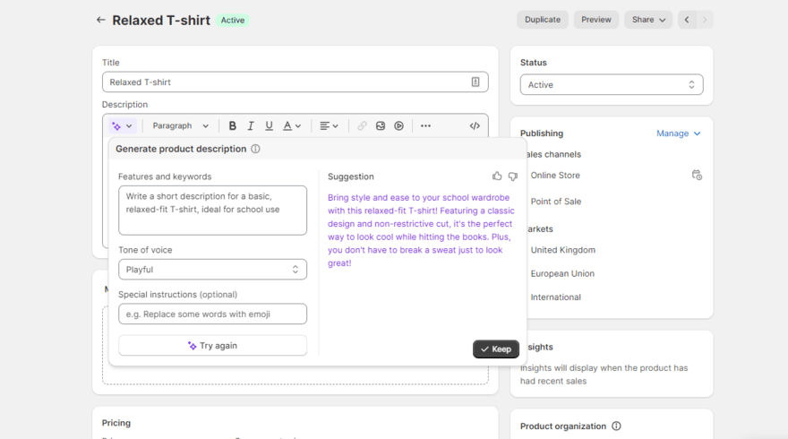 Shopify Magic example Using Shopify Magic to generate a product description for a t-shirt