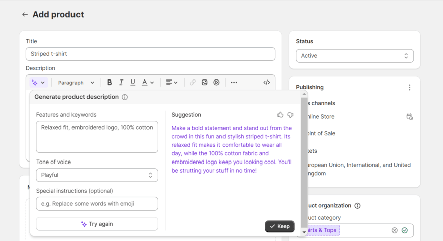 Shopify Magic product description (1) Shopify Magic generating a product description for a t-shirt