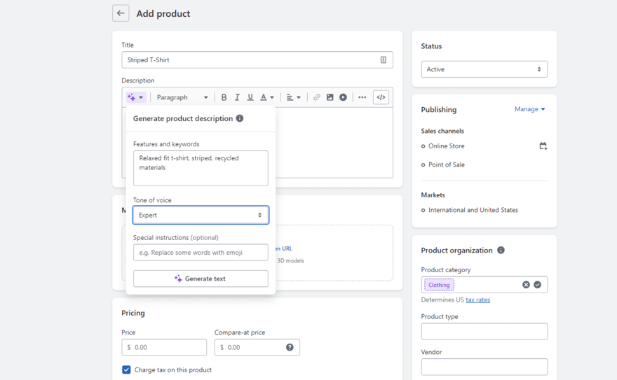 Shopify Magic tool in user, generating text for a product description